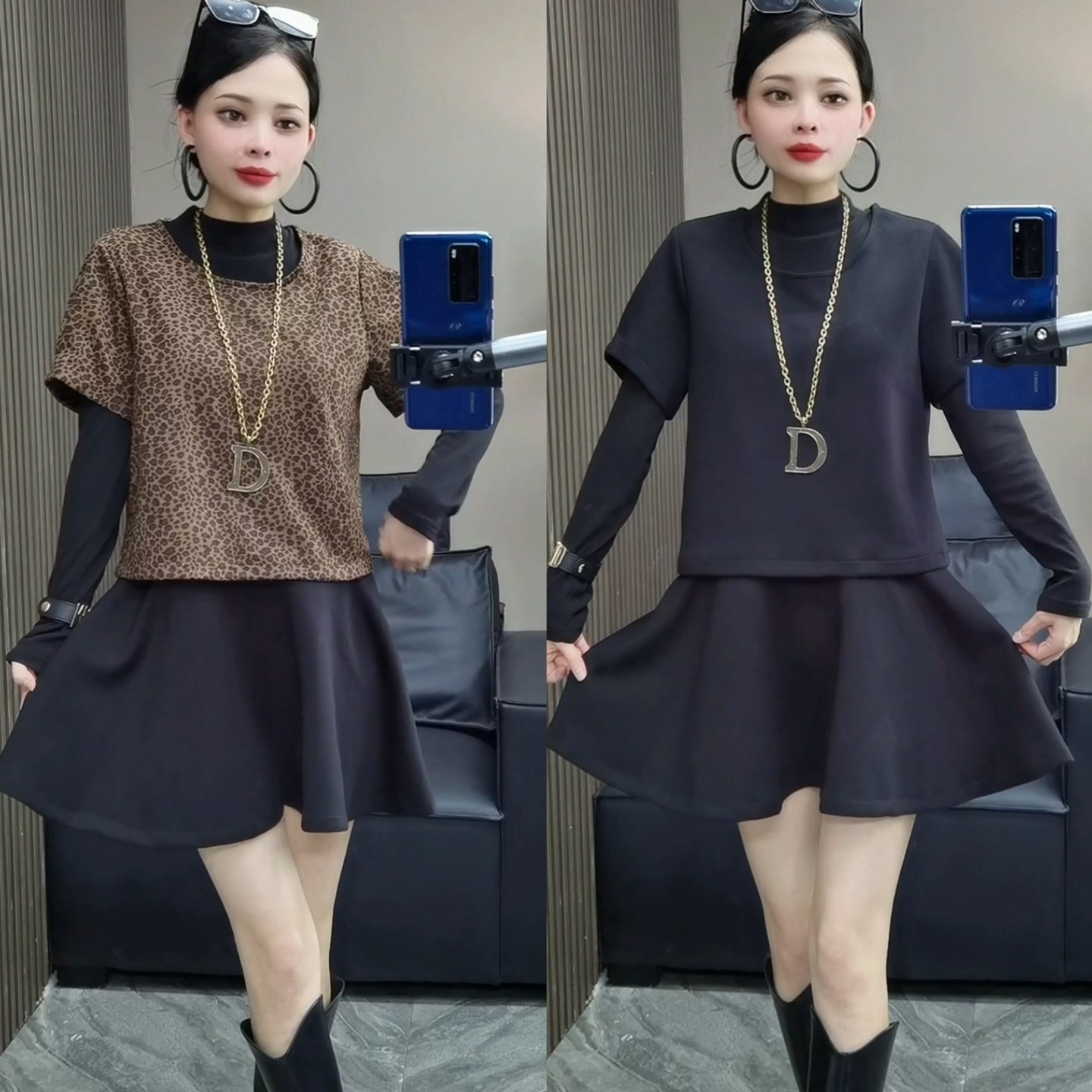 712#xY秋冬新款气质豹纹短袖马夹荷叶边连衣裙显瘦两件套套装