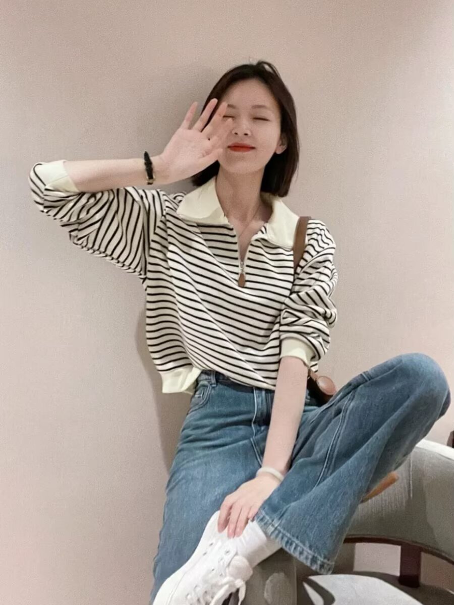 翻领polo 减龄显瘦 条纹宽松休闲时尚百搭大码女装