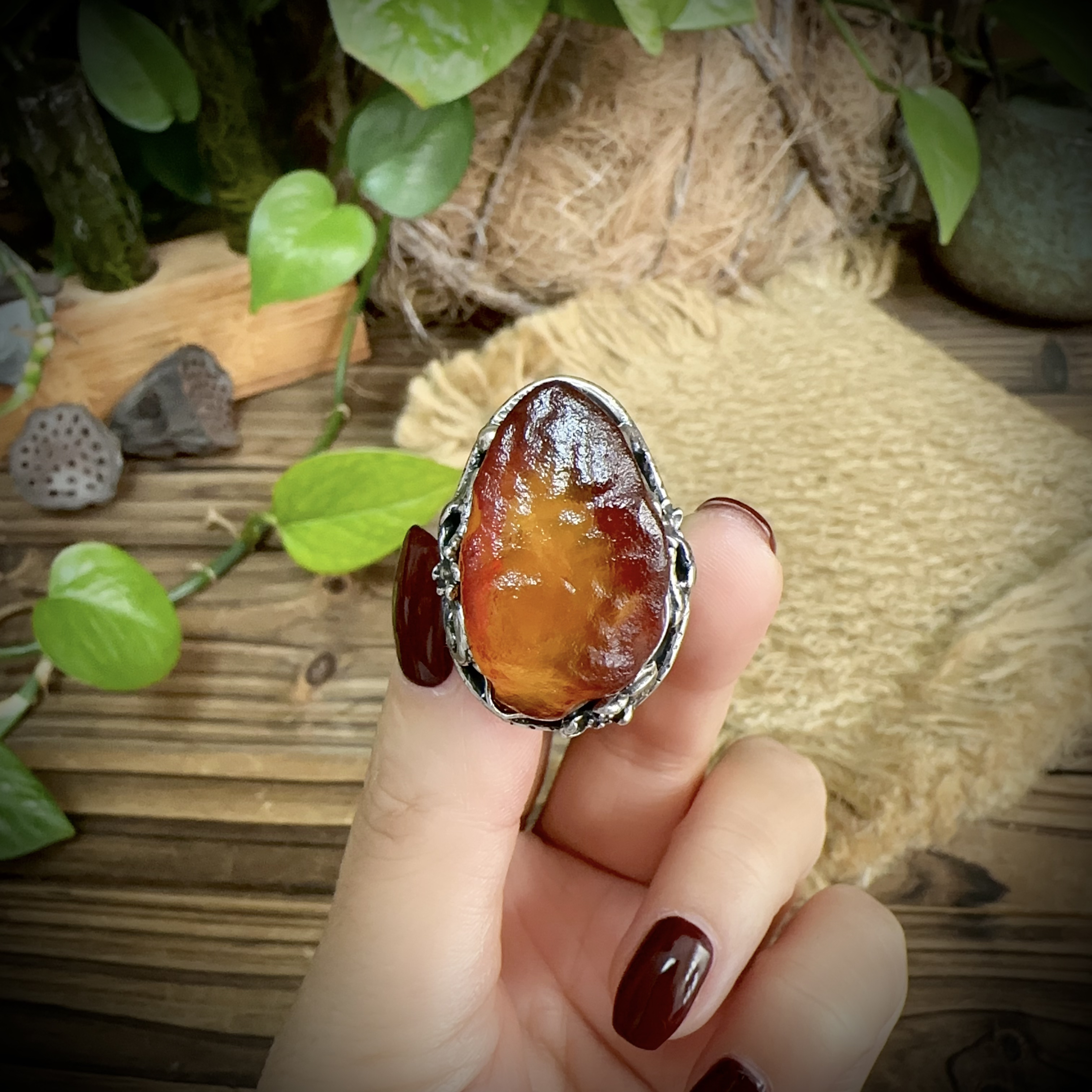 【古香古色】复古s925银蜜蜡琥珀戒指（圈口可调节）