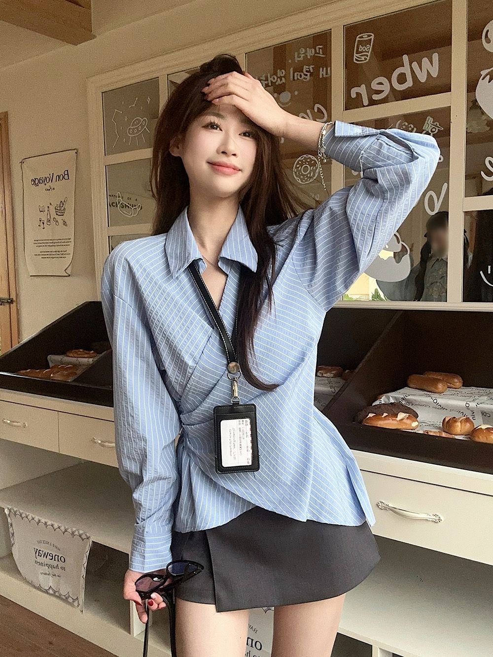 两件套装女休闲系带收腰交叉翻领衬衫女早春条纹衬衣独特别致套装
