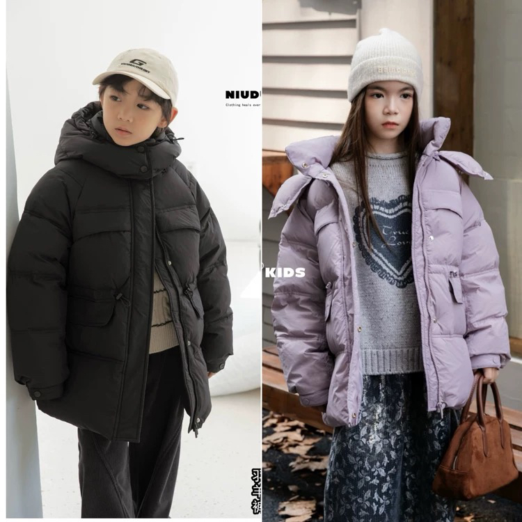 《丁丁优选》54224冬季儿童羽绒服白鸭绒男女童收腰中长款外套