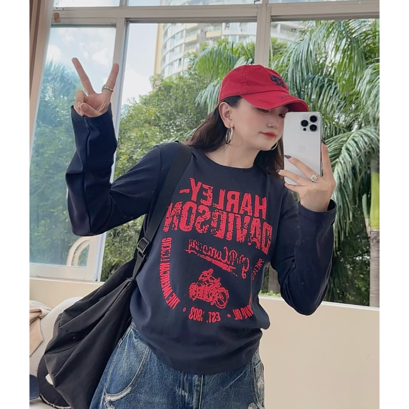 微瑕疵-复古机车 圆领修身百搭显瘦印花T恤