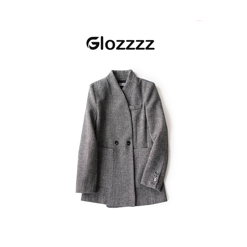 【Glozzzz】都市老钱 人字纹羊毛休闲宽松立领西装毛呢外套J8022