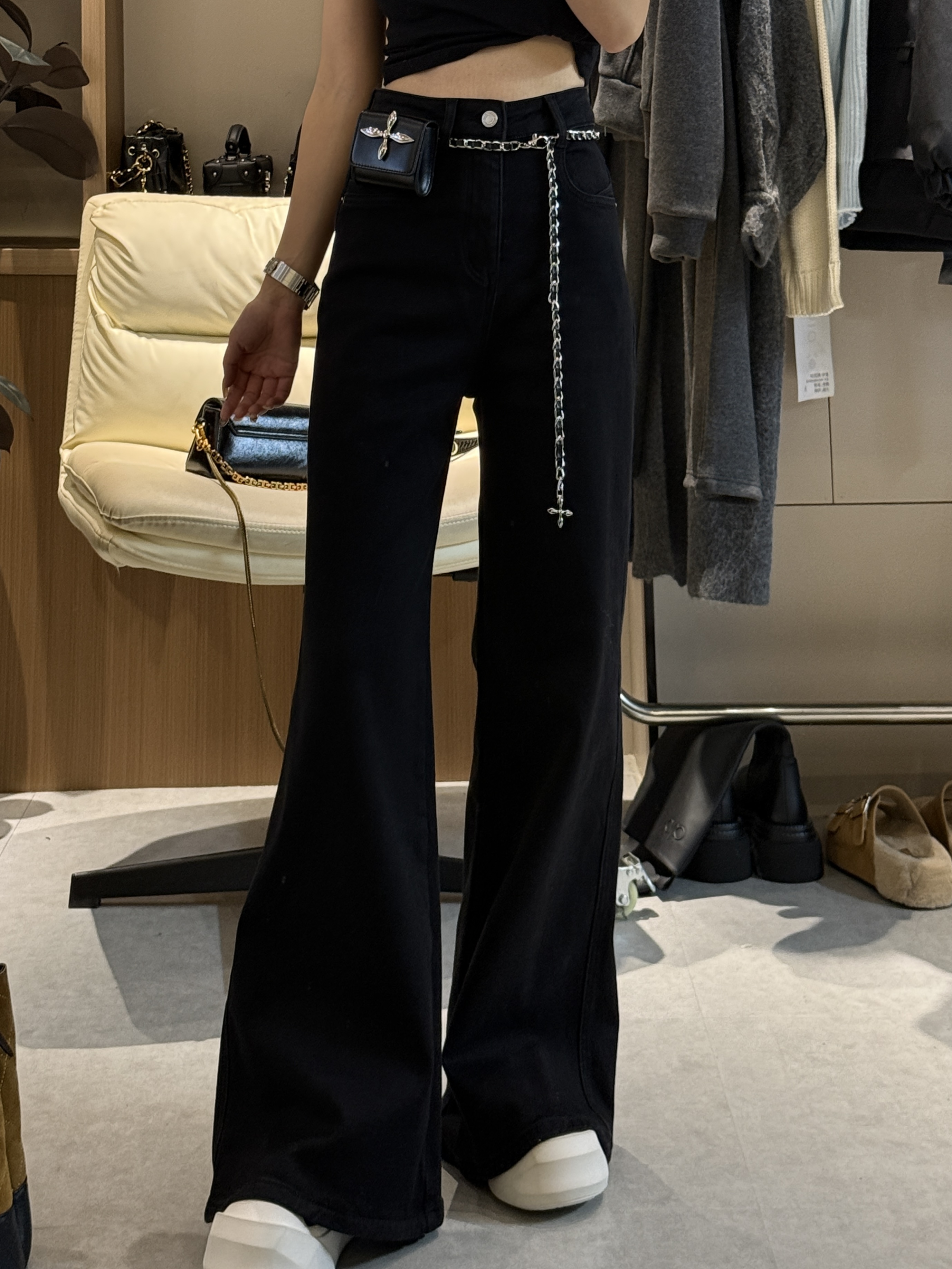 W5624王仙女2「加绒加厚超显瘦牛仔裤」高腰显瘦牛仔阔腿裤喇叭长裤