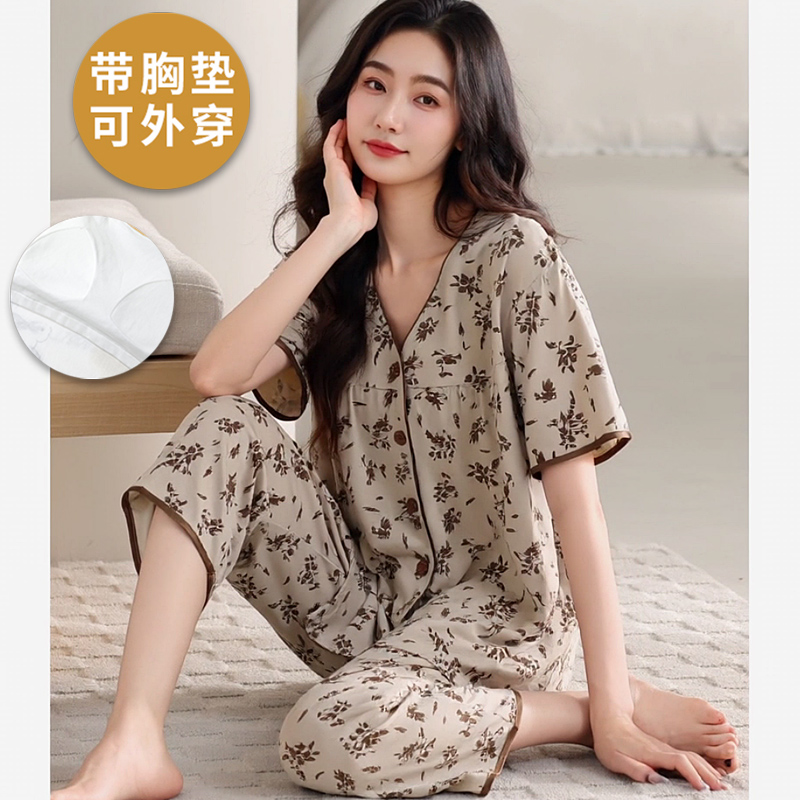 睡衣女夏季短袖开衫套装2025新款可外穿自带胸垫加大码宽松家居服