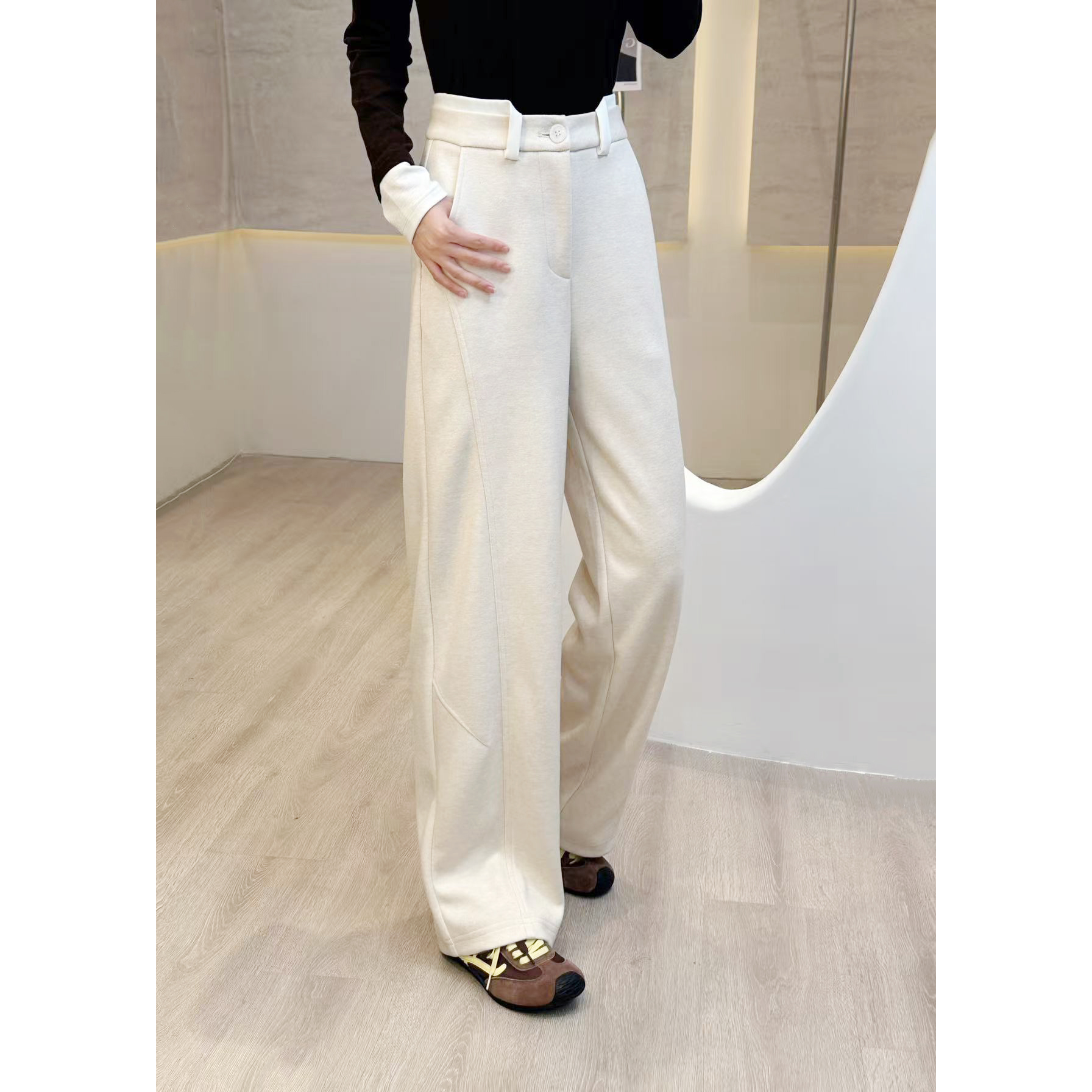 K2531 重工毛呢设计感米白色高腰慵懒松弛垂感百搭宽松显瘦长裤