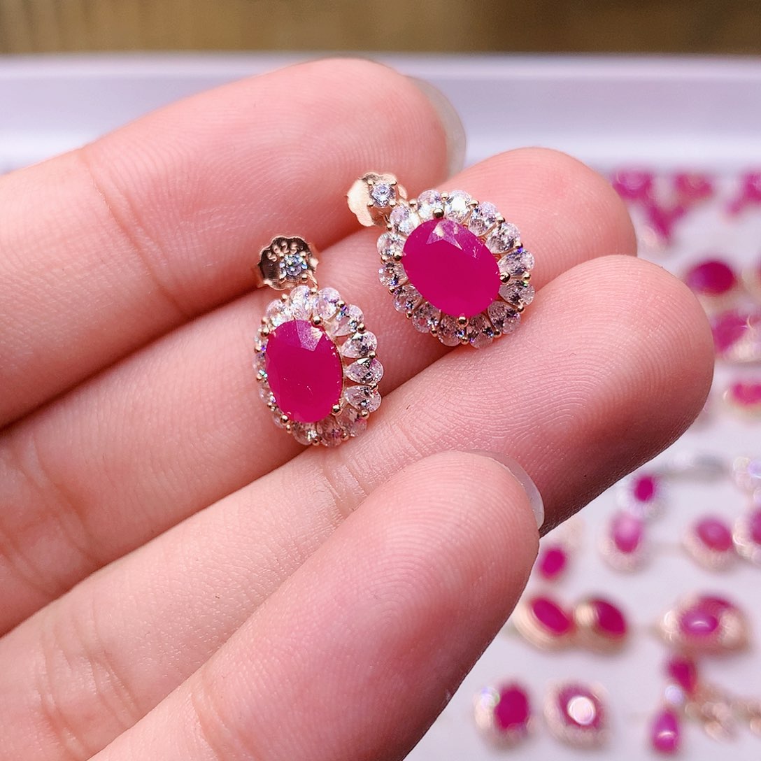 红宝石耳饰银S925镶嵌