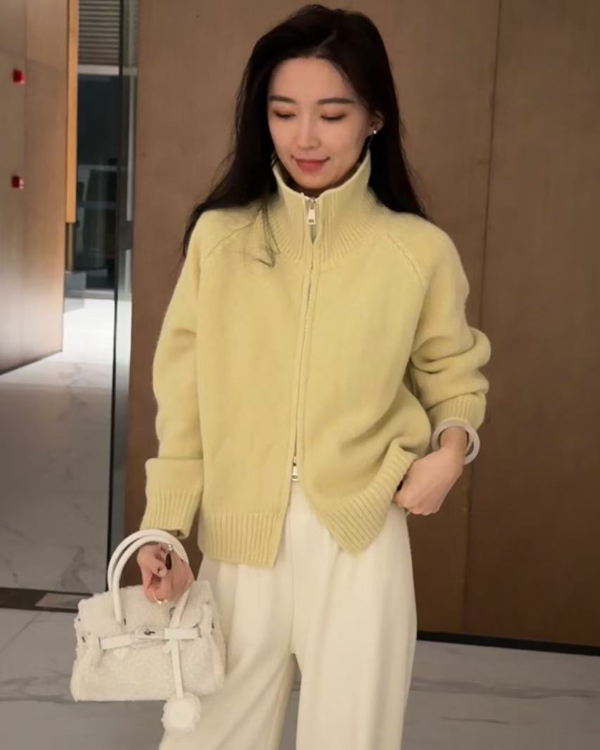 2025慵懒风毛衣外套女秋冬新款韩系简约宽松立领拉链针织开衫上衣