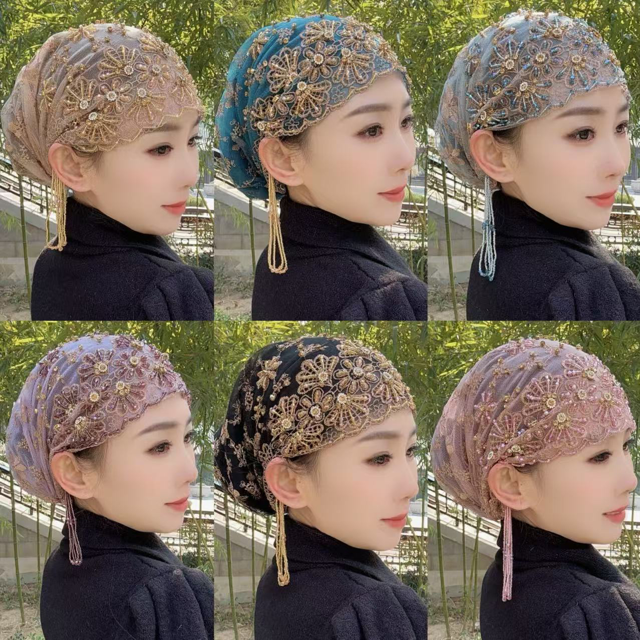 新款流苏帽重工刺绣手工缝制时尚头巾洋气帽子（贝壳流苏帽）