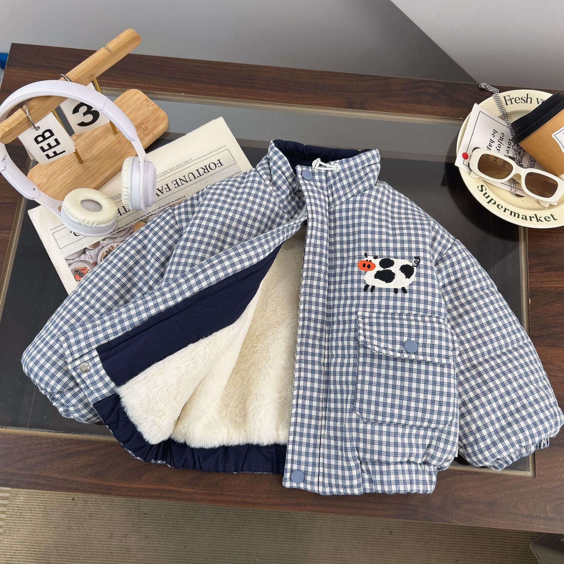 男童冬款花苞版型棉服洋气儿童柔软新款加厚奶牛印花格子棉253386