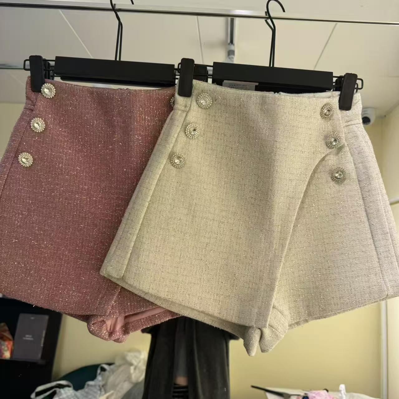 秋冬季新款小香风高腰毛呢亮丝阔腿A字短裤韩版气质显瘦靴裤