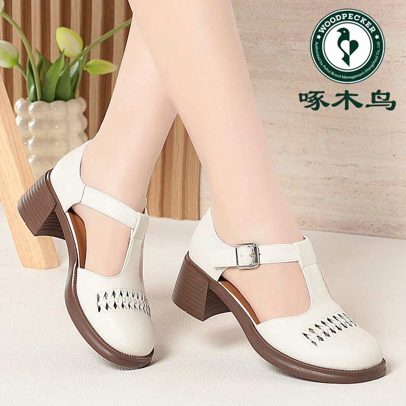 啄木鸟轻便透气百搭夏季粗跟厚底罗马凉鞋圆头浅口镂空编织女凉鞋