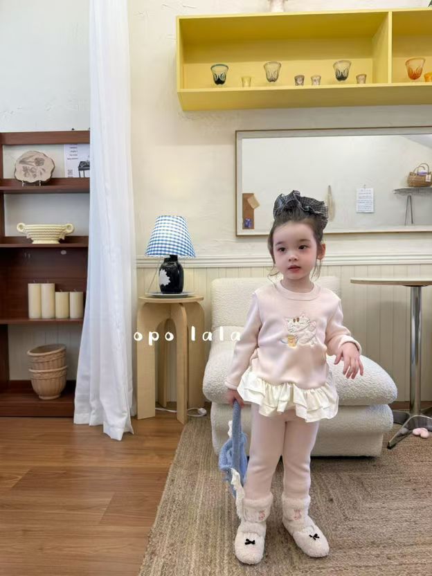 2025冬季新款女童加绒加厚小猫刺绣打底衫77073
