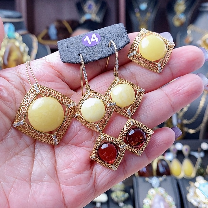 琥珀颈饰银S925镶嵌套装