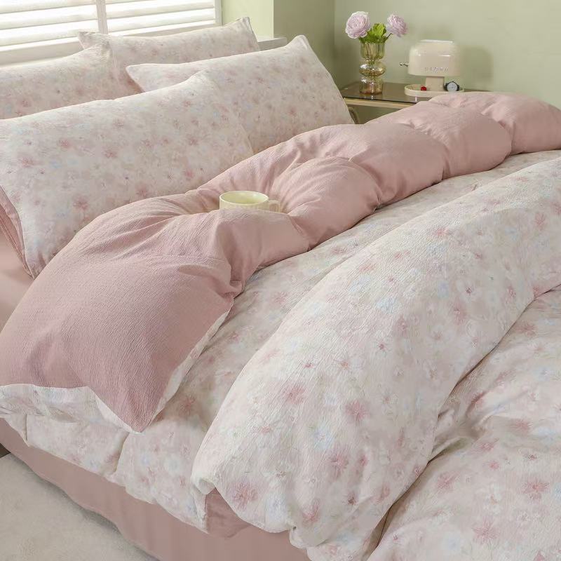 【白茶粉】床品套件韩版碎花双层纱四件套简约双人被印花碎花