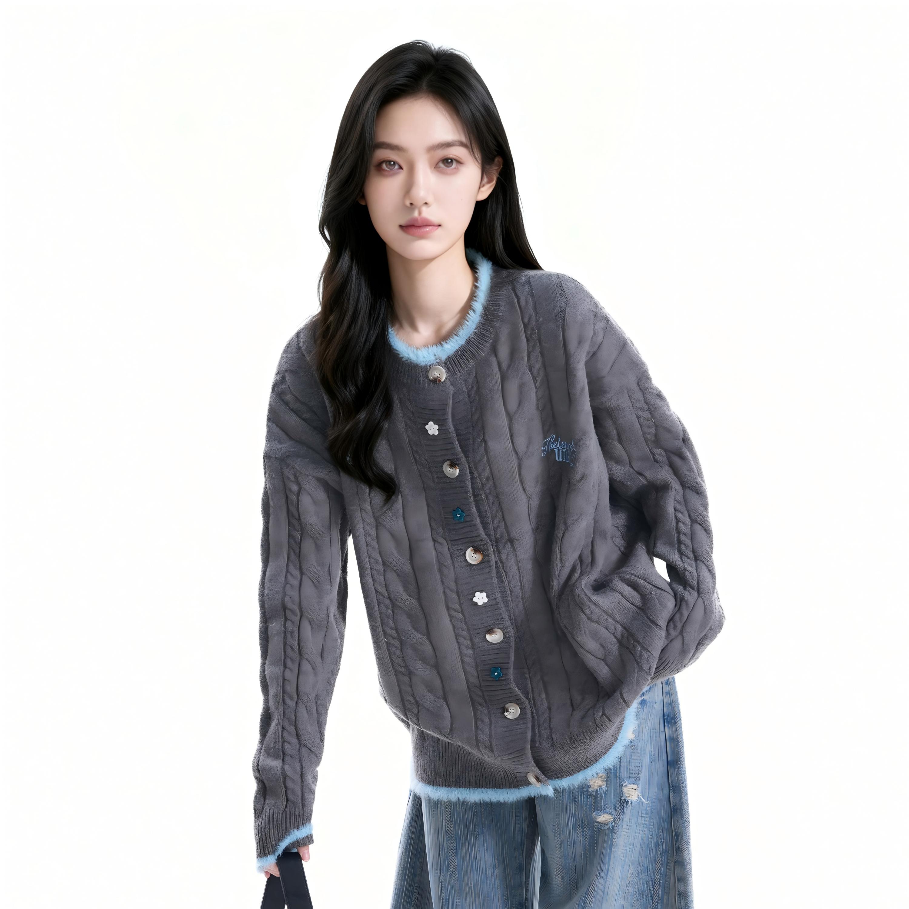 【Mu&Mu】美式复古磨毛针织开衫毛衣女秋季新款慵懒风宽松外套