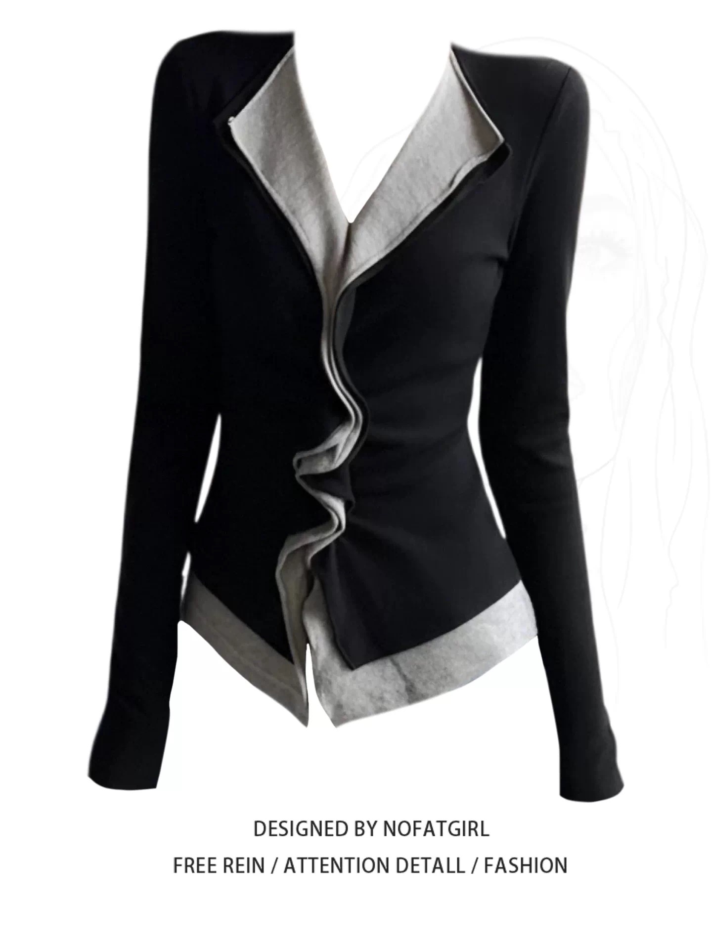 胖妹妹韩版翻领不规则V领长袖T恤女秋冬修身显瘦假两件打底衫2791