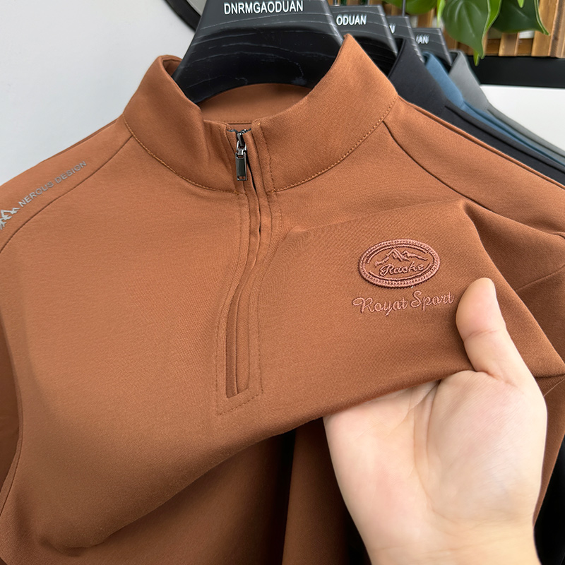 秋冬款男士轻奢拉链长袖POLO衫时尚立领纯色商务打底上衣大码男装