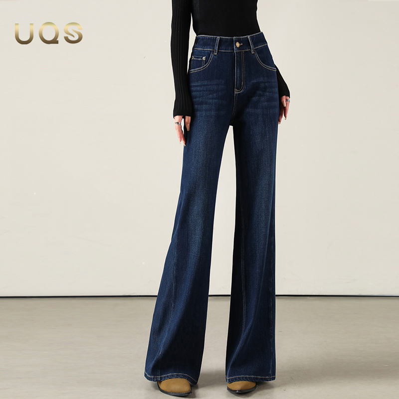 UQS美式复古微喇牛仔裤显瘦女2025年早秋时尚韩版高腰阔腿喇叭裤