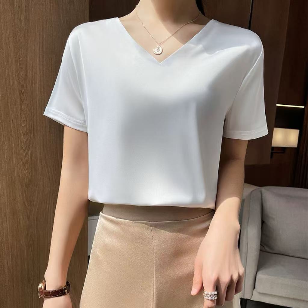 V领短袖#气质宽松休闲百搭上衣女