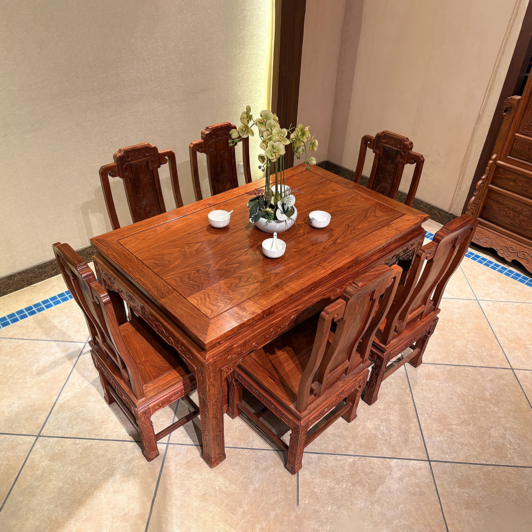 华易轩如意宝座长方形餐台家用套餐椅餐桌整套榫卯结构进口桌子