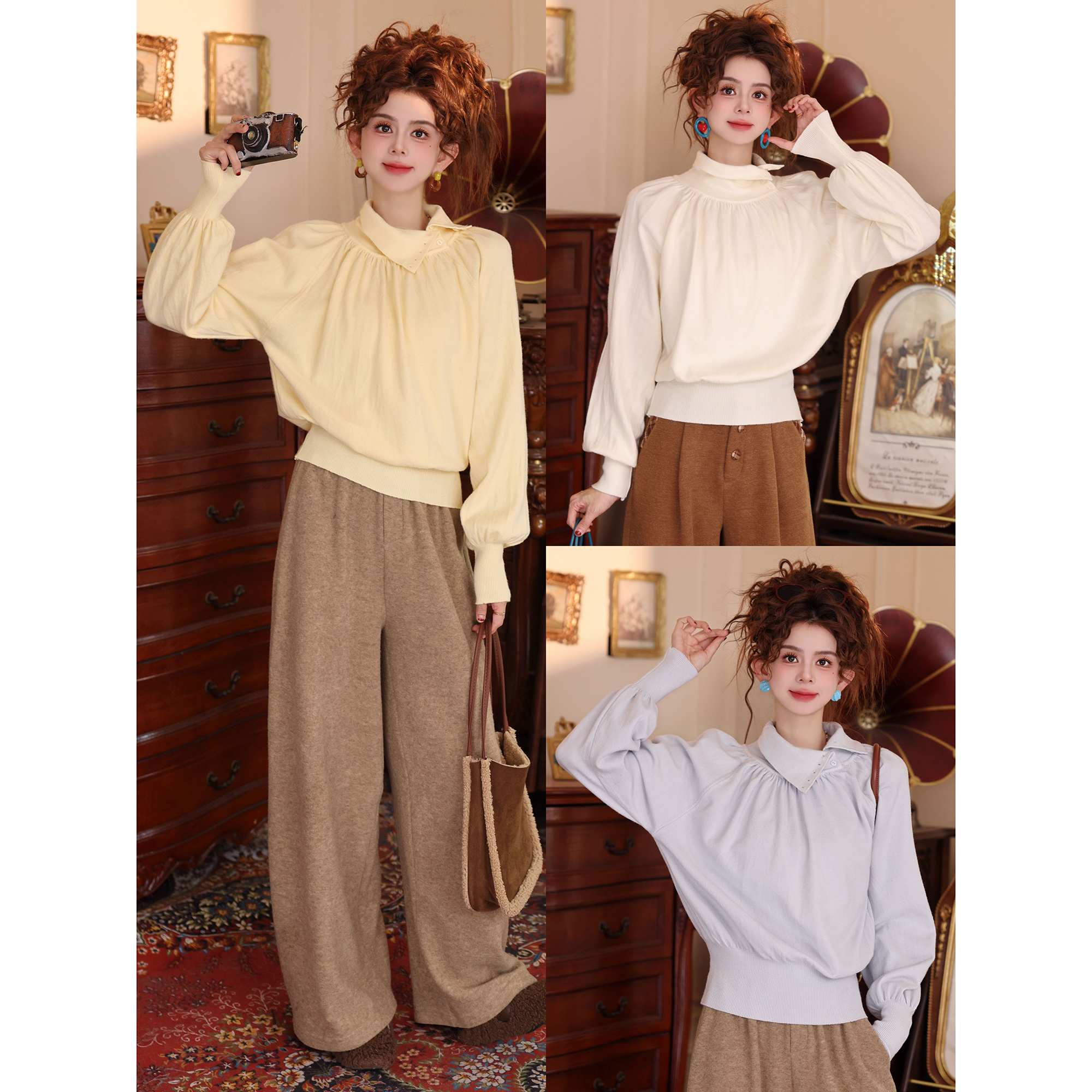 陈大器【旧梦重温】港风复古拼接设计感宽松百搭针织上衣JM2477803