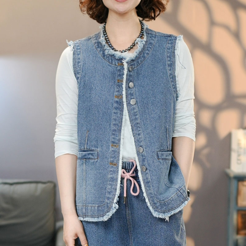8815蓝牛仔马夹女2025秋季复古坎肩特色气泡格纹理牛仔马甲