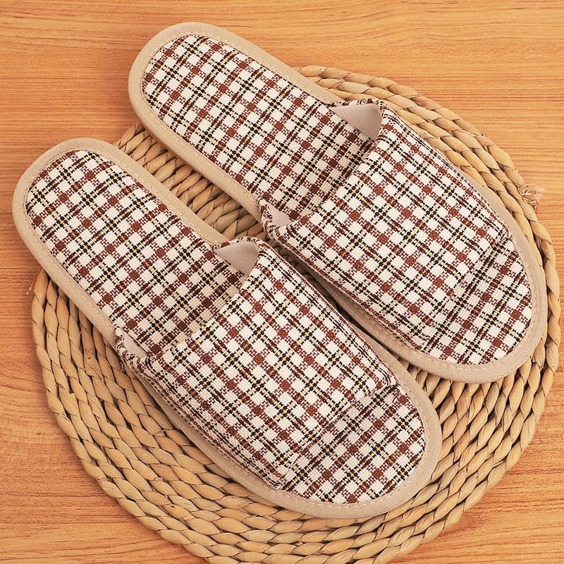 格纹棉麻布通头拖鞋女室内家居家用防滑软底情侣款布艺四季地板拖