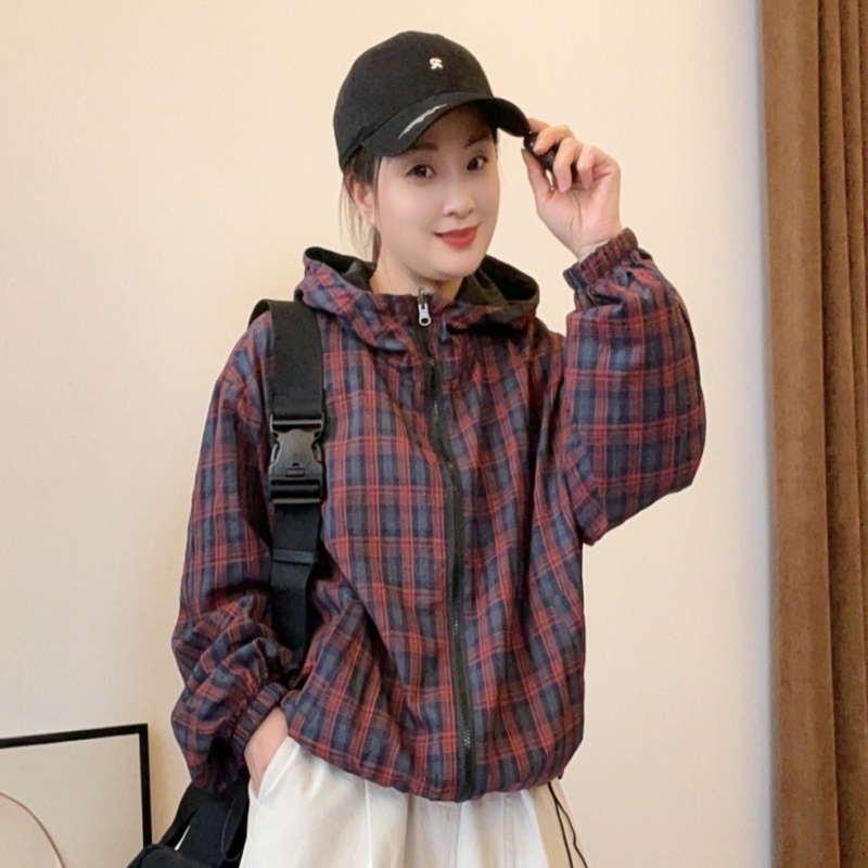 494#百搭慵懒风格子秋冬秋季女春秋长袖时尚两面穿连帽短外套