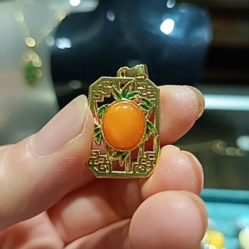 琥珀吊坠(赠链)银S925镀金镶嵌