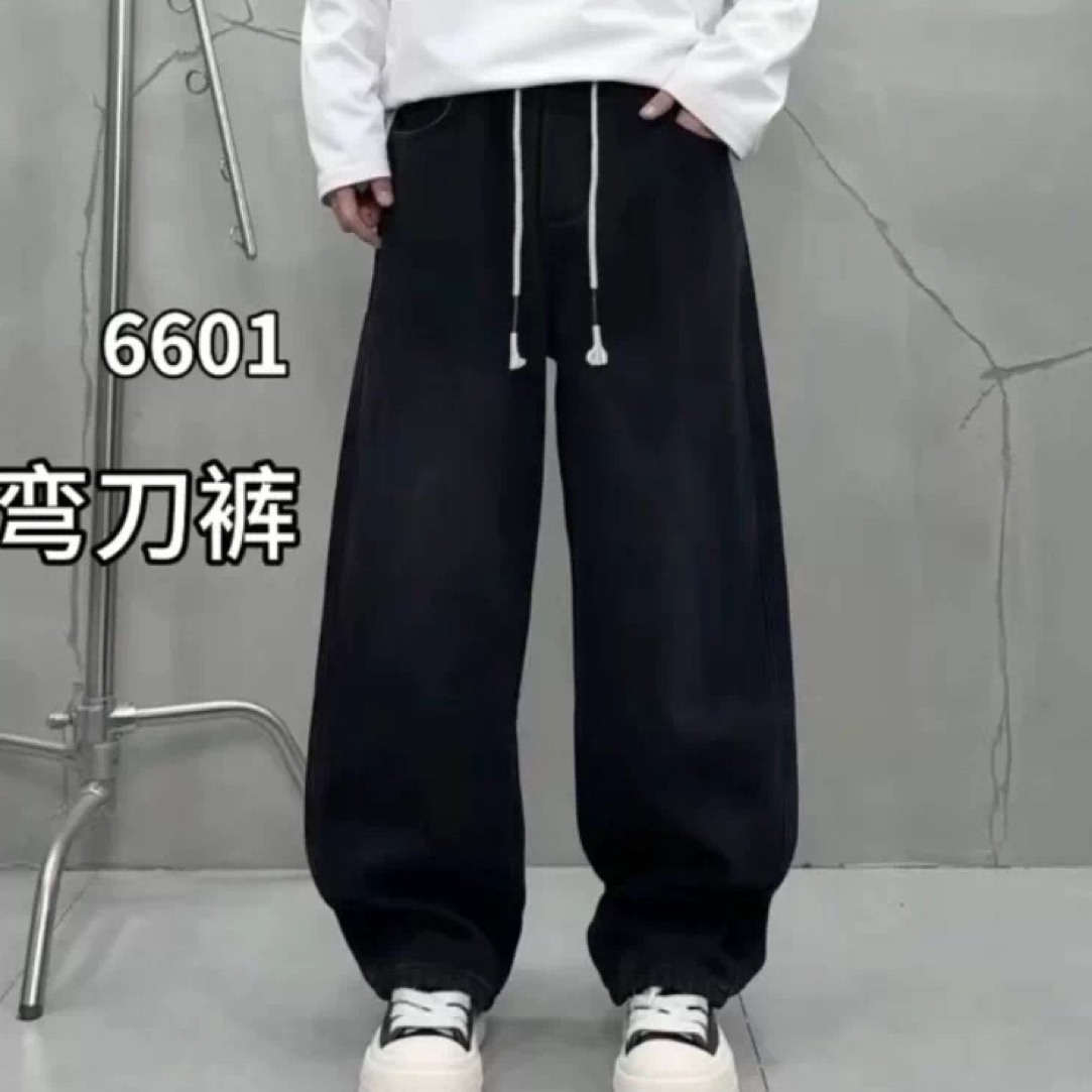 【观潮甄选$品质好货】石磨洗水加绒加厚宽松黑色牛仔弯刀裤