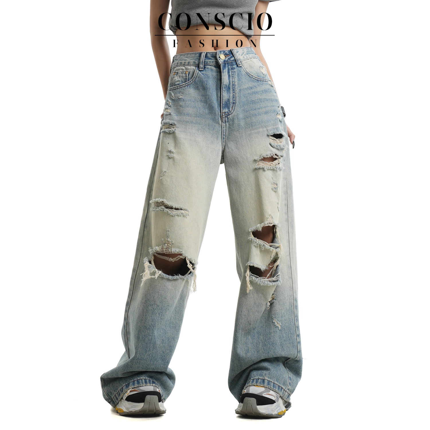 狮狮【8比特】夏季天空水洗蓝破洞中高腰牛仔裤-直筒拖地裤