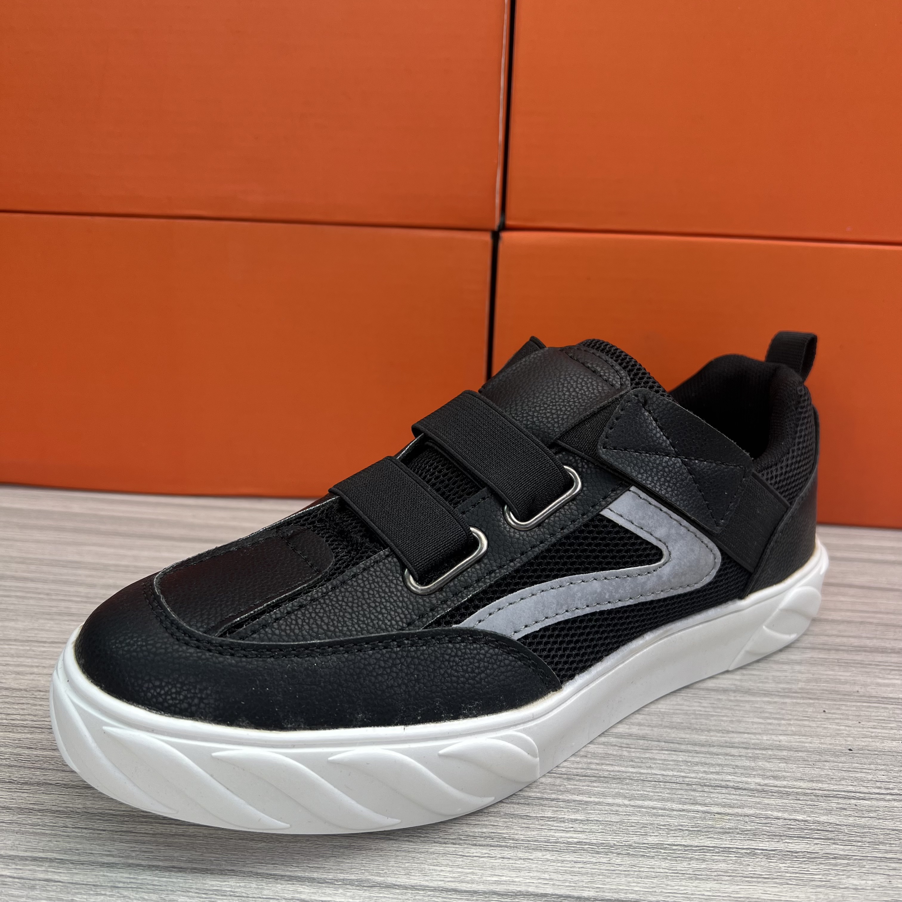 1720圆头魔术贴乐福鞋夏季拉链网面鞋黑色秋季潮流低帮舒适