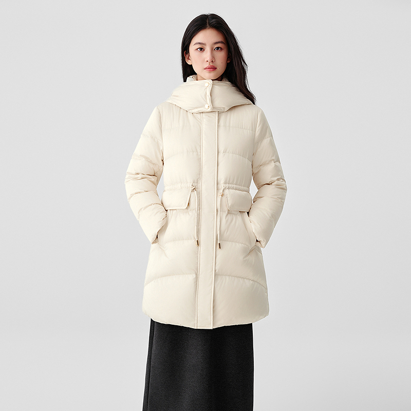 珂莱蒂尔90鹅绒防寒保暖抽绳收腰中长款绗缝羽绒服女KR01122V1
