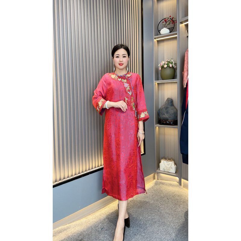 妩媚YJ53190新中式妈妈装国风立领优雅气质复古遮肉连衣裙