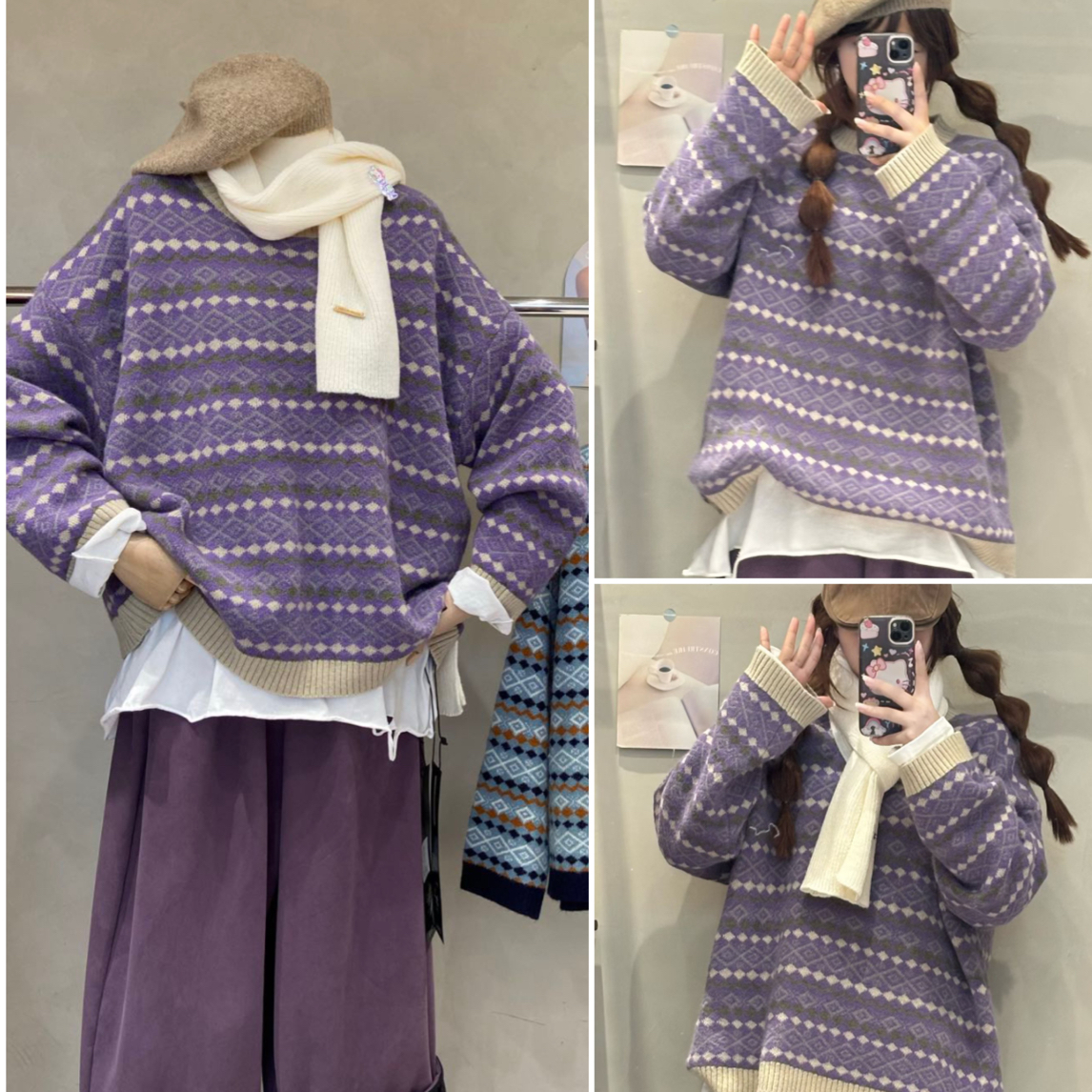 娜样美家  精选三木家南韩小菱形大版宽松圆领毛衣0010