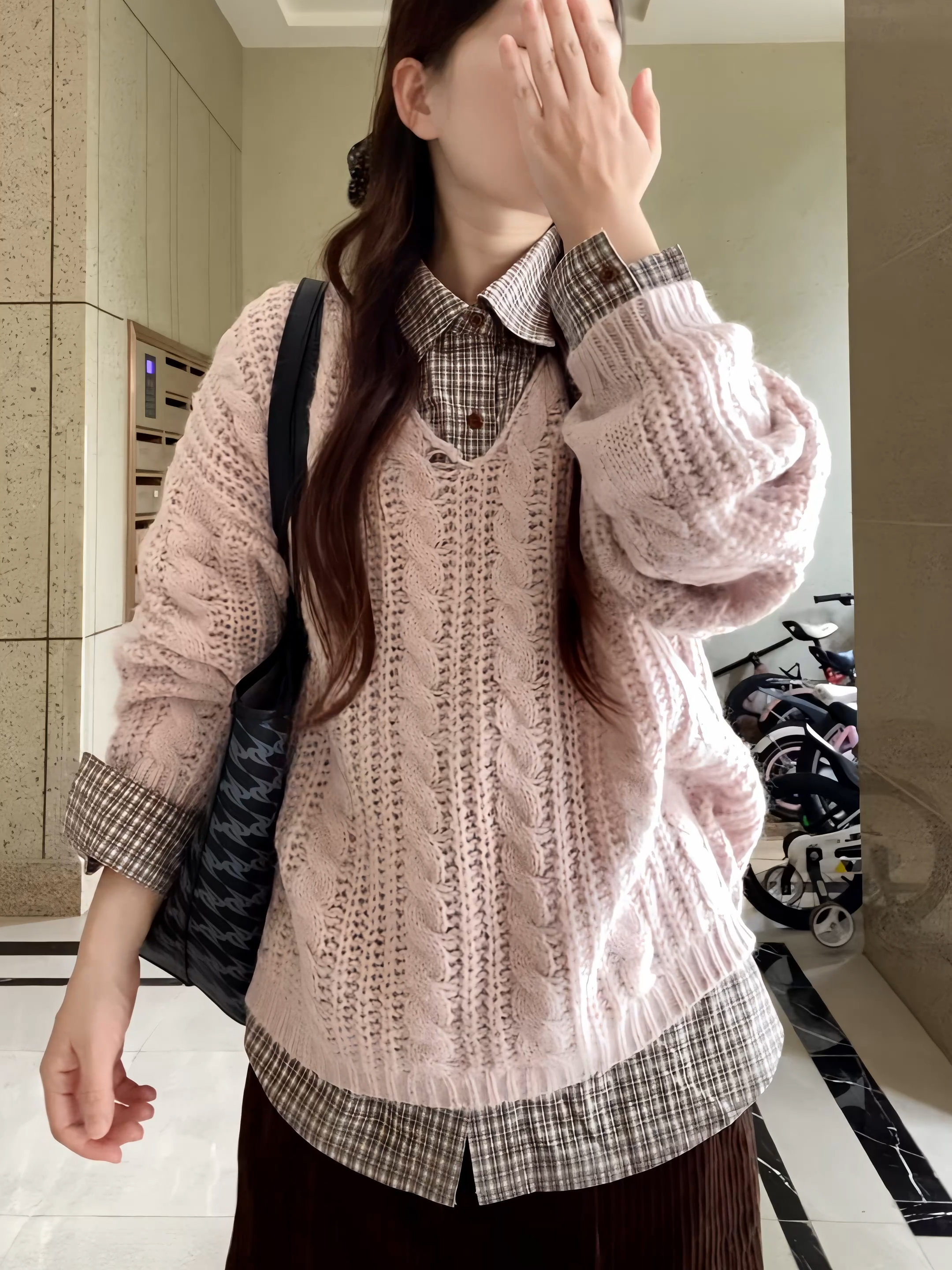 早初秋微胖mm套装软糯粉色针织毛衣女搭配咖色灯芯绒半身裙二件套