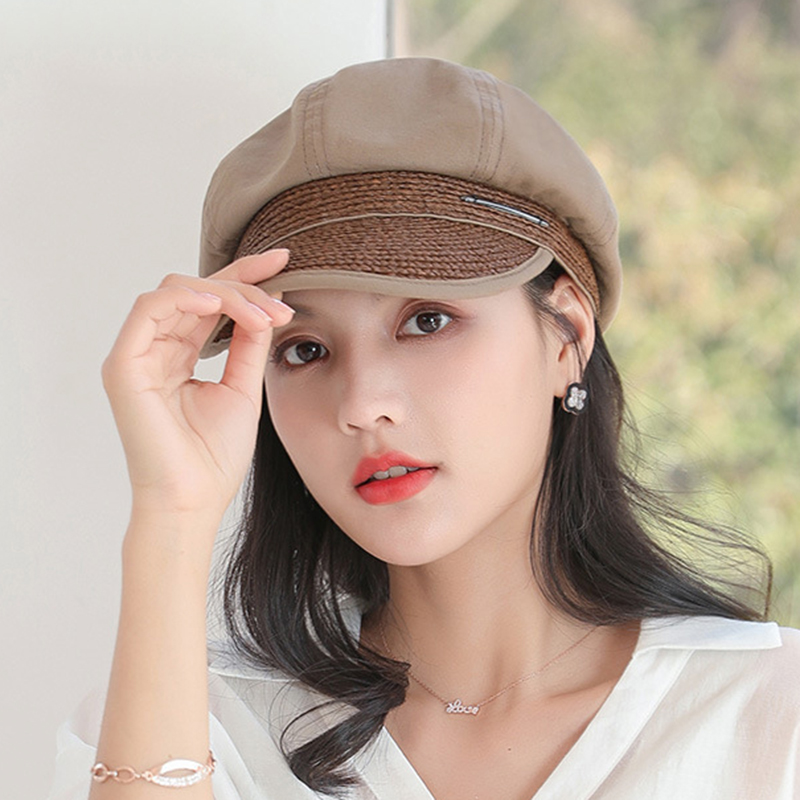 文艺透气拼接鸭舌帽女春夏天出游百搭棉麻报童帽韩版日系画家帽子