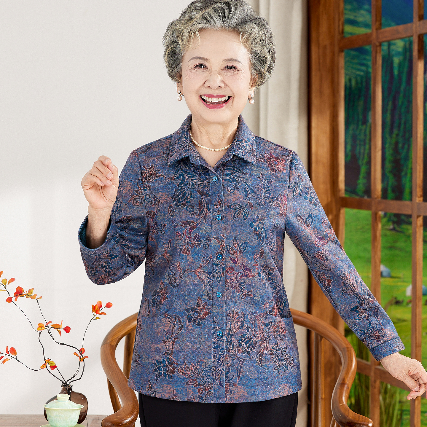 中老年女妈妈款翻领洋气秋装薄款外套衬衫70老人奶奶太太秋季衣服
