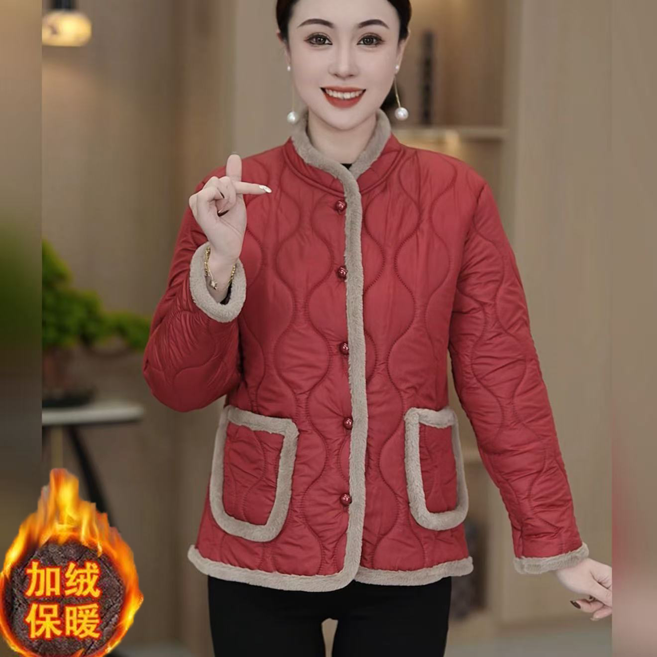 冬季洋气棉衣加厚妈妈加绒新款保暖棉服立领外套中老年女装棉袄