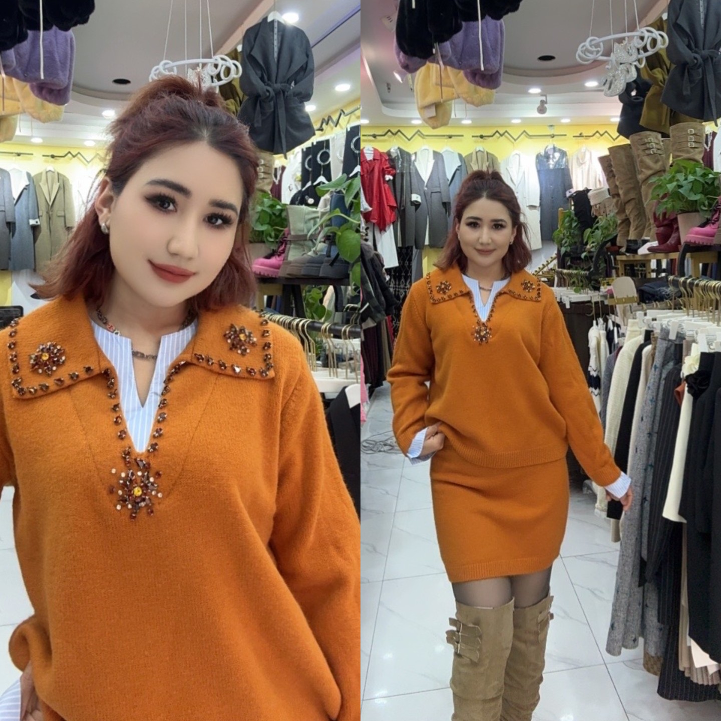 韩系设计感气质显瘦休闲针织毛衣碎花短裙两件套适合秋季穿着