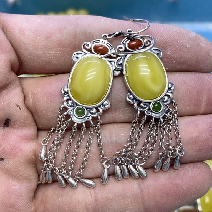 蜜蜡裸石银S925镶嵌耳坠