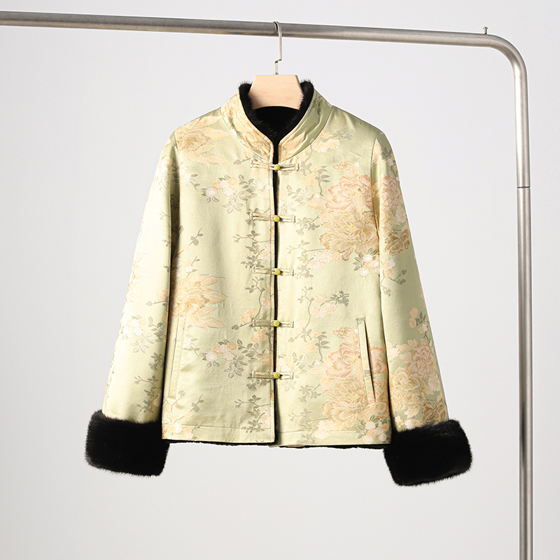 国风羊毛皮草外套女2024冬新款双面穿宋锦上衣短款皮毛一体水貂领