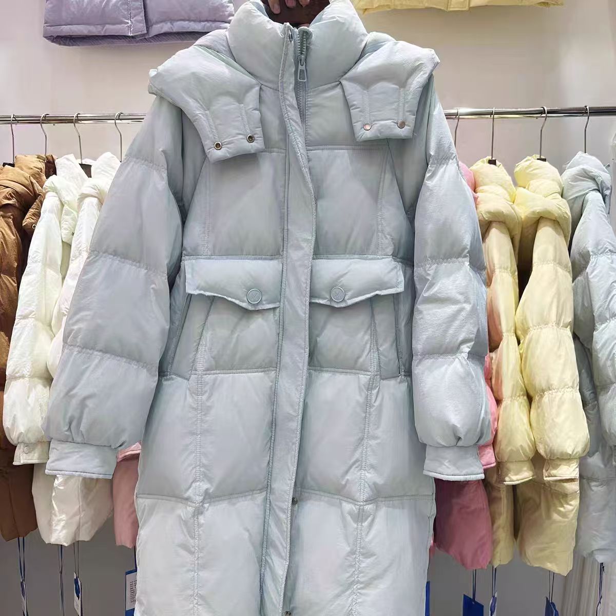 A91#M扣羽绒服女冬季新款韩版宽松中长款大口袋加厚连帽外套