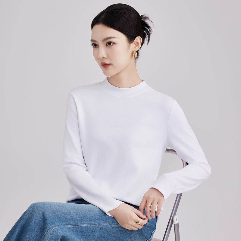 【螺纹领】半高领长袖t恤女士秋季立领内搭上衣白色宽松纯棉打底衫
