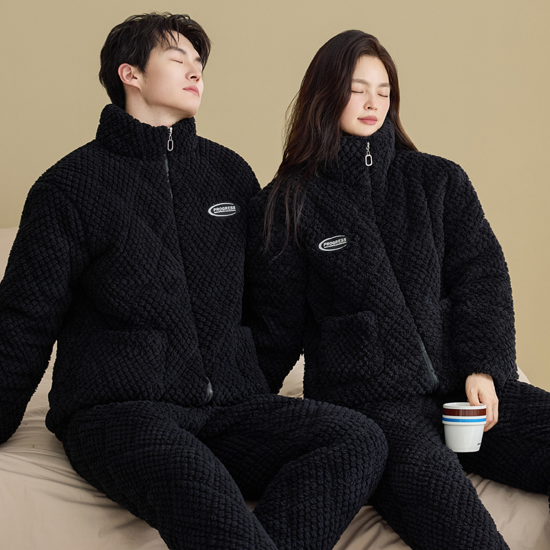 冬季三层夹棉情侣睡衣男珊瑚绒套装加厚法兰绒家居服女可外穿JX