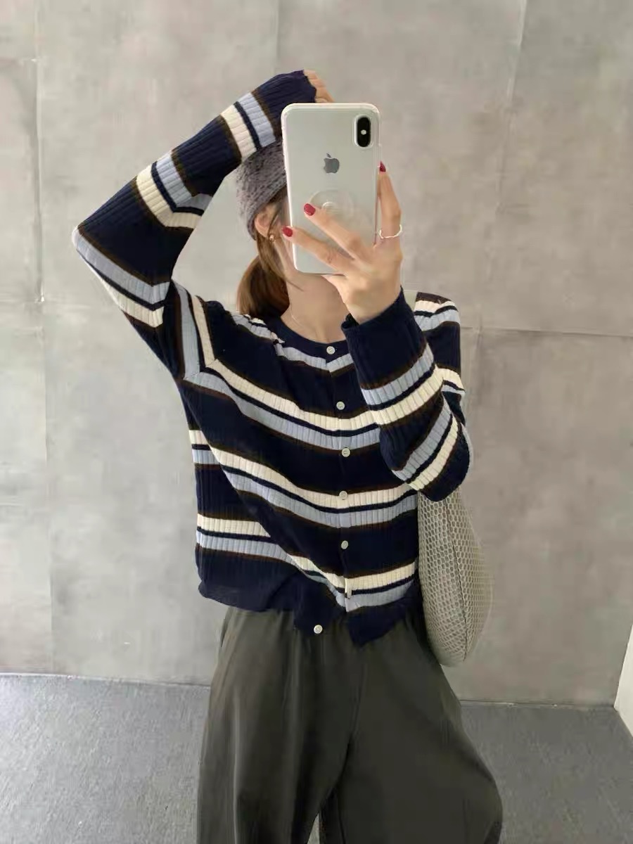 【现货发不用等】韩版十三行秋冬学院复古针织长袖圆领单排扣开衫 