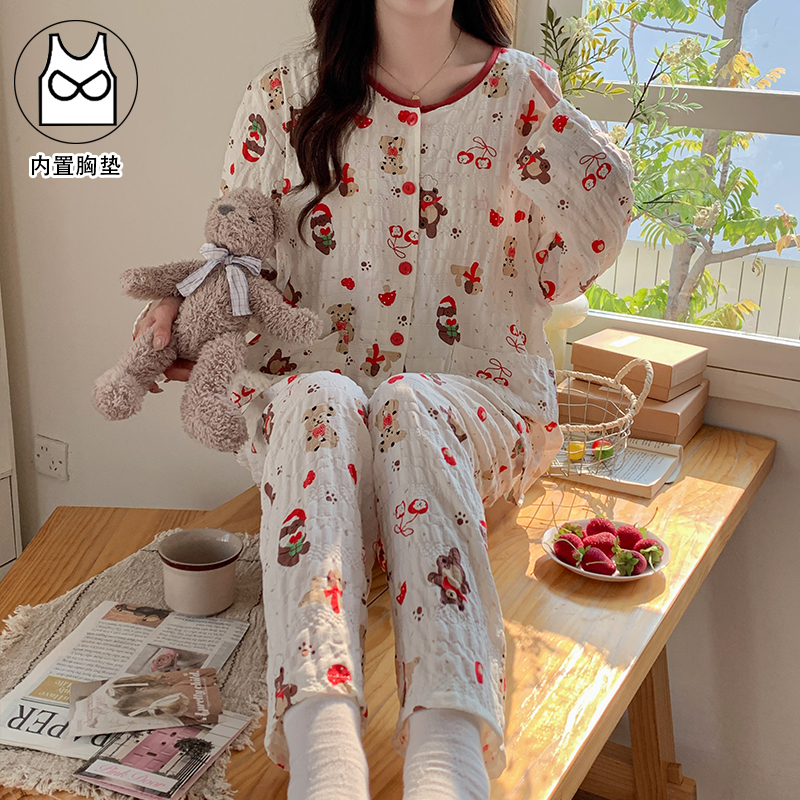 【轻薄皱皱棉纱-带胸垫】月子服春夏季薄款产后哺乳期纯棉孕妇睡衣