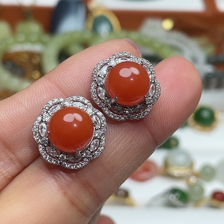 南红玛瑙银S925镶嵌耳饰