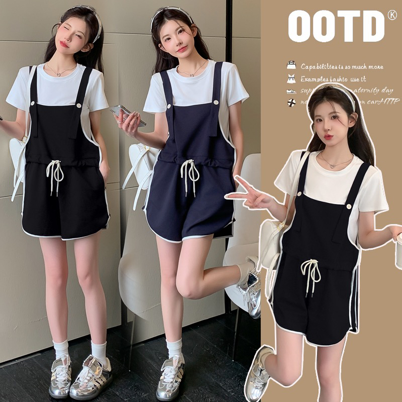 孕妇夏装2025新款棉背带裤短裤+T恤套装